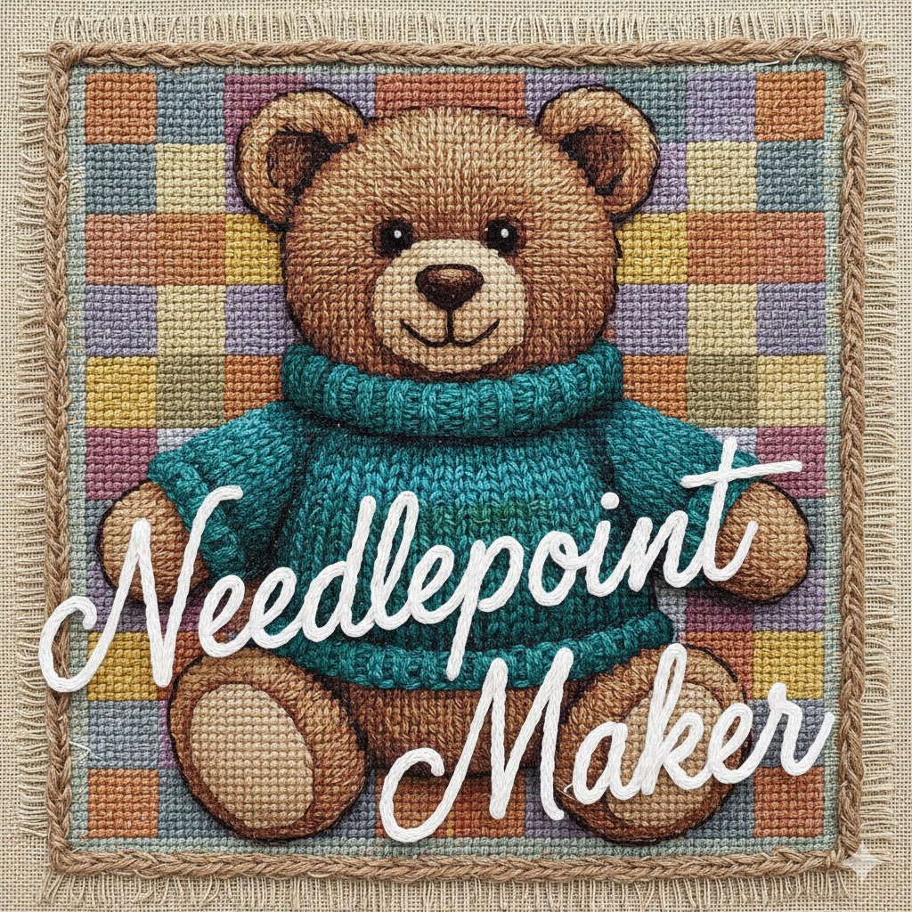 Square illustration of a bear used as the source for an 18-mesh needlepoint pattern